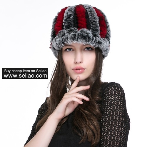 Women's Rex Rabbit Fur Peaked Caps Hats Multicolor - Grey & Red
