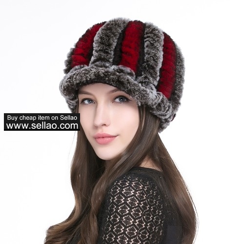 Women's Rex Rabbit Fur Peaked Caps Hats Multicolor - Coffee & Red