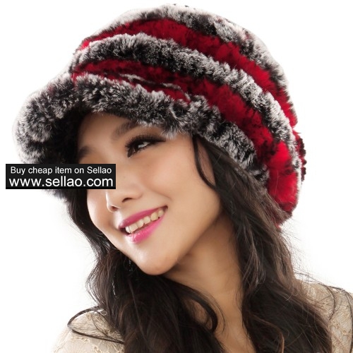 Fashion Women's Real Rex Rabbit Fur Peaked Caps Hats Spiral - Grey & Red