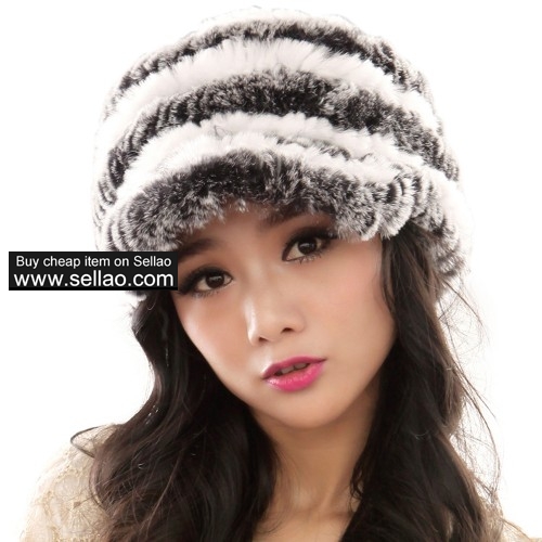 Fashion Women's Real Rex Rabbit Fur Peaked Caps Hats Spiral - Grey & White
