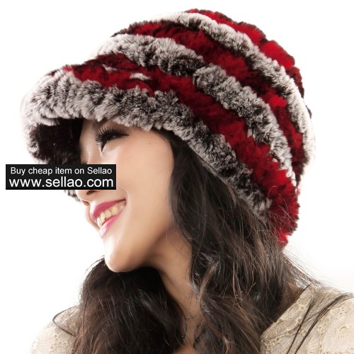 Fashion Women's Real Rex Rabbit Fur Peaked Caps Hats Spiral - Coffee & Red