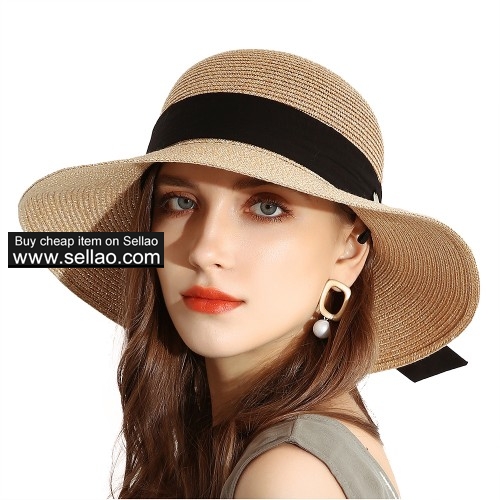 Summer Sun Bucket Straw Hats Floppy Belt- Wide Brim Beach Hat UPF 50+ Sun protection Cap Camel