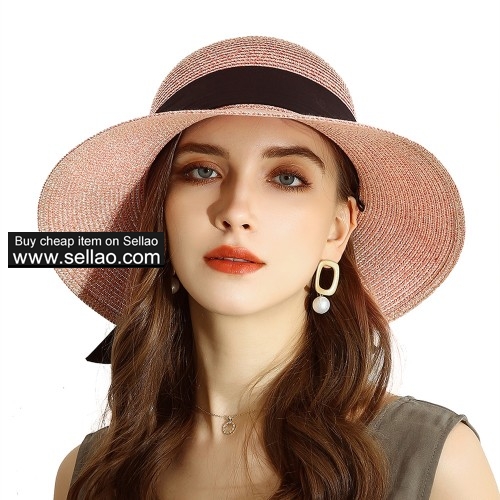 Summer Sun Bucket Straw Hats Floppy Belt- Wide Brim Beach Hat UPF 50+ Sun protection Cap Pink