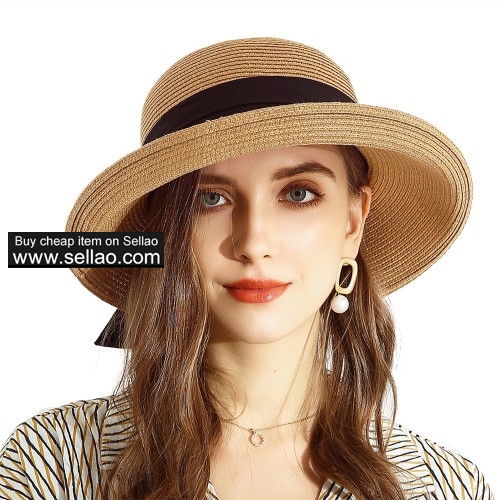 Women Sun Bucket Straw Roll up Hat,UPF 50+ Sun Protection Wide Brim Beach Panama Hat Storage Camel