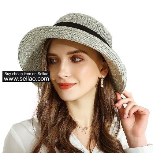 Women Sun Bucket Straw Roll up Hat,UPF 50+ Sun Protection Wide Brim Beach Panama Hat Storage Blue