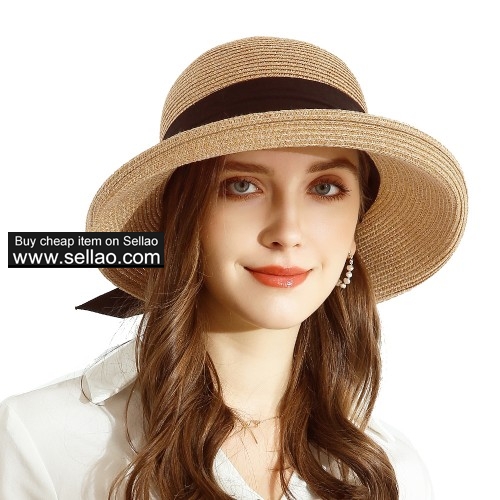 Women Sun Bucket Straw Roll up Hat,UPF 50+ Sun Protection Wide Brim Beach Panama Hat Storage Khaki