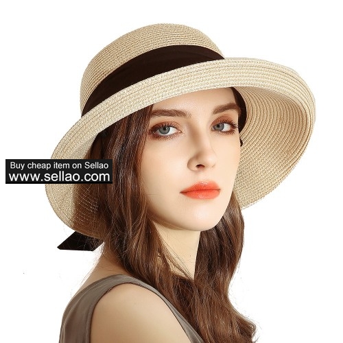 Women Sun Bucket Straw Roll up Hat,UPF 50+ Sun Protection Wide Brim Beach Panama Hat Storage Beige