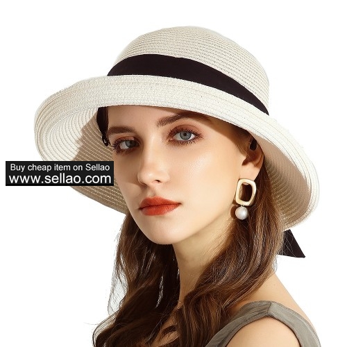 Women Sun Bucket Straw Roll up Hat,UPF 50+ Sun Protection Wide Brim Beach Panama Hat Storage White