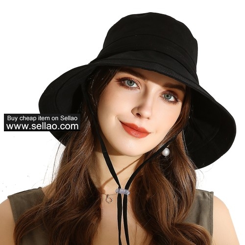 Wide Brim Bucket Hats Foldable Beach Hat Cotton UPF 50+ Sun protection Cap with Floppy Strap Black