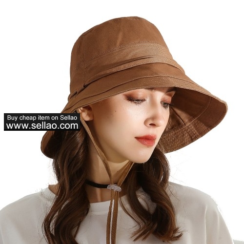 Wide Brim Bucket Hats Foldable Beach Hat Cotton UPF 50+ Sun protection Cap with Floppy Strap Brown