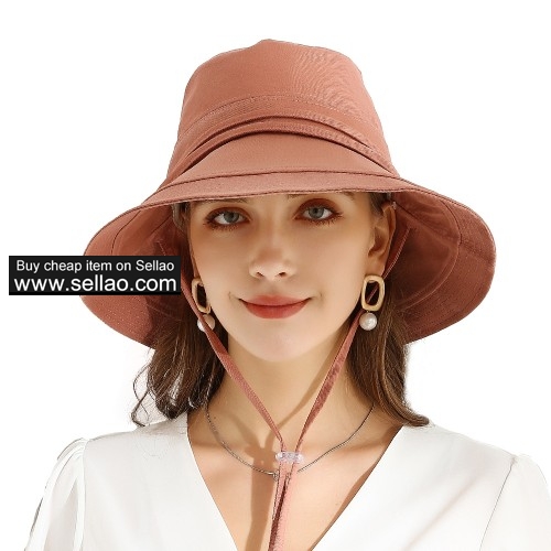Wide Brim Bucket Hats Foldable Beach Hat Cotton UPF 50+ Sun protection Cap with Floppy Strap Pink