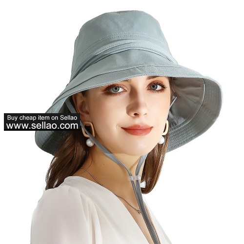 Wide Brim Bucket Hats Foldable Beach Hat Cotton UPF 50+ Sun protection Cap with Floppy Blue Grey