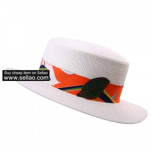 Womens Summer Straw Hat DIY Beach Sun Cap Ladies Flat Top Fedora for Traveling White
