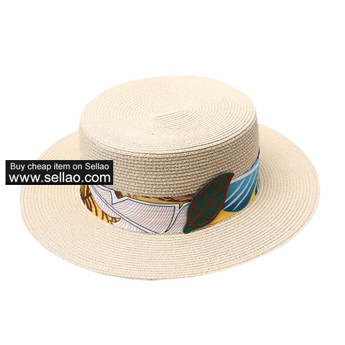 Womens Summer Straw Hat DIY Beach Sun Cap Ladies Flat Top Fedora for Traveling Beige