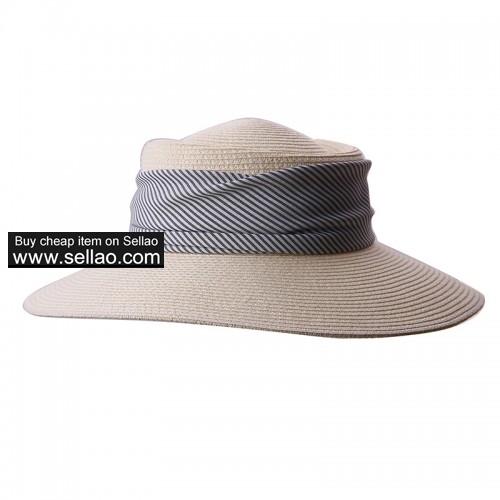 Summer Wide Brim Straw Sun Hats for Women UV Protection Beach Cap Ribbon Decoration White