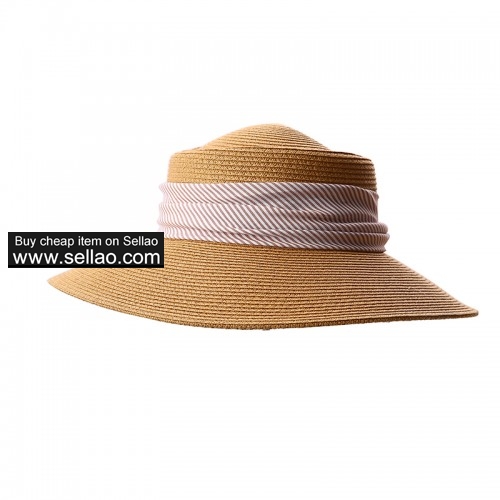 Summer Wide Brim Straw Sun Hats for Women UV Protection Beach Cap Ribbon Decoration Camel