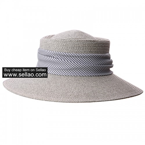 Summer Wide Brim Straw Sun Hats for Women UV Protection Beach Cap Ribbon Decoration Blue Grey