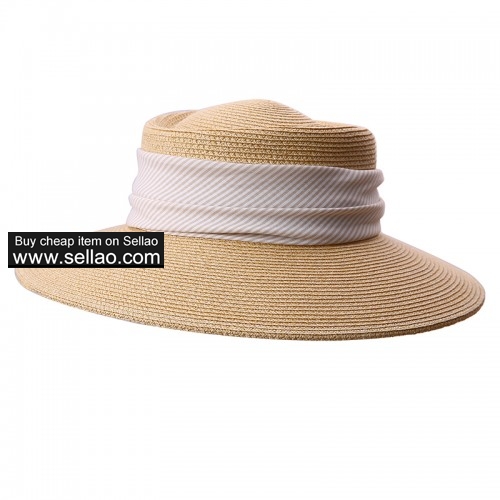 Summer Wide Brim Straw Sun Hats for Women UV Protection Beach Cap Ribbon Decoration Beige
