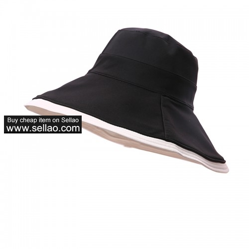Women Cotton Sun Hats Wide Brim Reversible Summer Bucket Hat UV Protection Beach Cap Black & Beige
