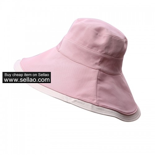 Women Cotton Sun Hats Wide Brim Reversible Summer Bucket Hat UV Protection Beach Cap Pink & Beige
