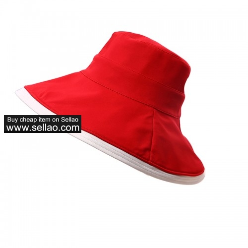 Women Cotton Sun Hats Wide Brim Reversible Summer Bucket Hat UV Protection Beach Cap Red & Beige