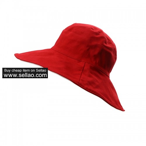 Wide Brim Sun Protection Hat for Women Double-side Beach Bucket Hats Packable Red & Beige