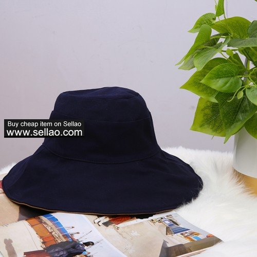 Wide Brim Sun Protection Hat for Women Double-side Beach Bucket Hats Packable Navy Blue & Camel