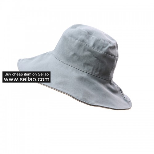 Wide Brim Sun Protection Hat for Women Double-side Beach Bucket Hats Packable Blue grey & Beige