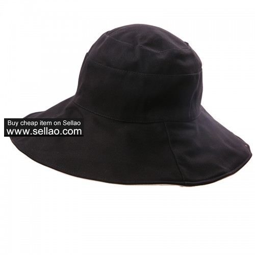 Wide Brim Sun Protection Hat for Women Double-side Beach Bucket Hats Packable Black & Beige