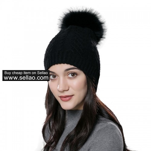 Womens Winter Bobble Hat Unisex Wool Knit Beanie Cap Black with Fox fur pompom