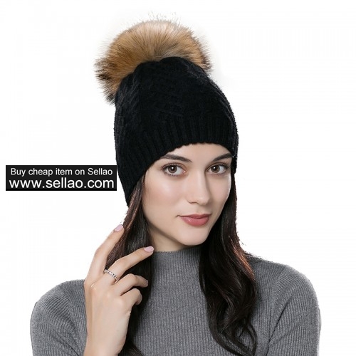Womens Winter Bobble Hat Unisex Wool Knit Beanie Cap Black with Raccoon fur pompom