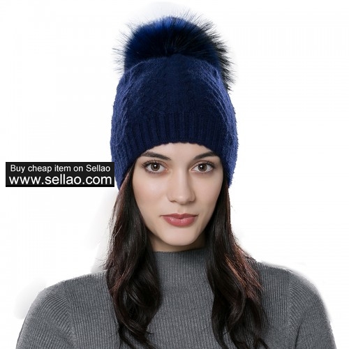 Womens Winter Bobble Hat Unisex Wool Knit Beanie Cap Blue with Fox fur pompom