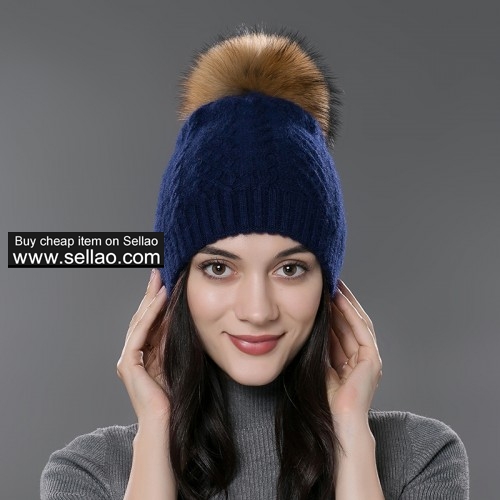 Womens Winter Bobble Hat Unisex Wool Knit Beanie Cap Blue with Raccoon fur pompom
