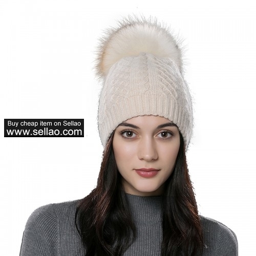 Womens Winter Bobble Hat Unisex Wool Knit Beanie Cap Beige with Fox fur pompom