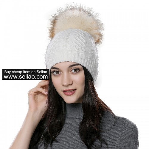 Womens Winter Bobble Hat Unisex Wool Knit Beanie Cap White with Fox fur pompom