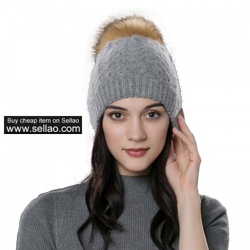 Womens Winter Bobble Hat Unisex Wool Knit Beanie Cap Slate Gray with Raccoon fur pompom