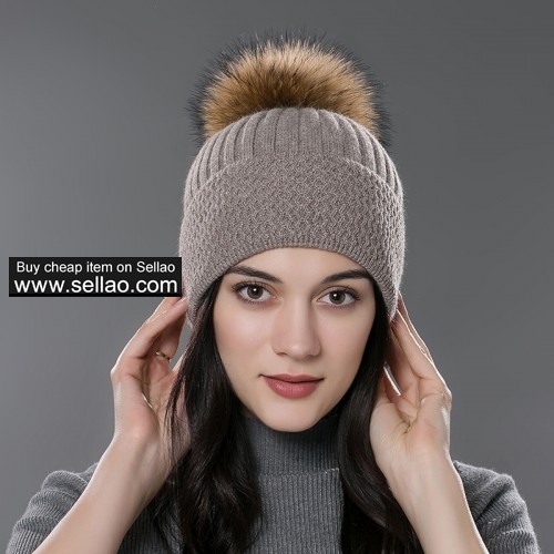 Unisex Autumn Knit Wool Beanie Cap Womens Winter Hat Brown with Raccoon fur pompom
