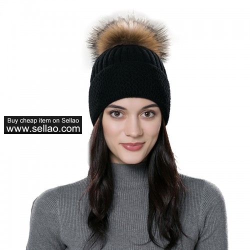 Unisex Autumn Knit Wool Beanie Cap Womens Winter Hat Black with Raccoon fur pompom