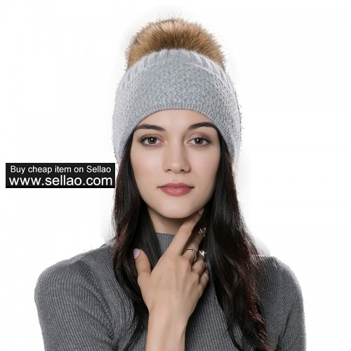 Unisex Autumn Knit Wool Beanie Cap Womens Winter Hat Slate Gray with Raccoon fur pompom