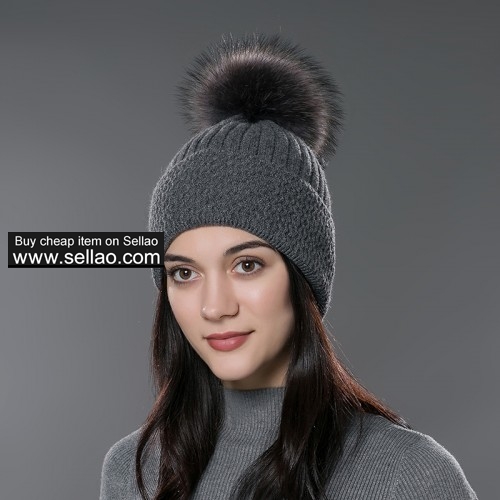 Unisex Autumn Knit Wool Beanie Cap Womens Winter Hat Gray with Fox fur pompom