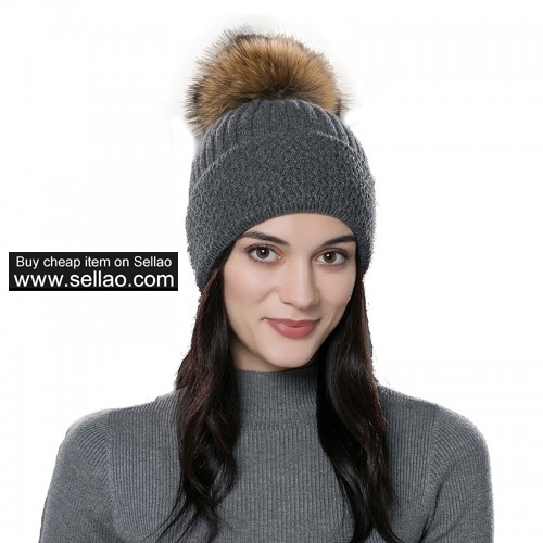 Unisex Autumn Knit Wool Beanie Cap Womens Winter Hat Gray with Raccoon fur pompom