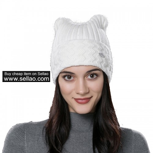 Womens Autumn Knit Wool Hat Winter Unisex Beanie Cap White
