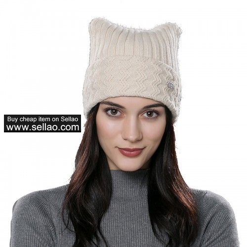 Womens Autumn Knit Wool Hat Winter Unisex Beanie Cap Beige