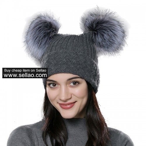Unisex Autumn Knit Wool Beanie Hat Women Winter Hat Gray with Fox Fur Pompom