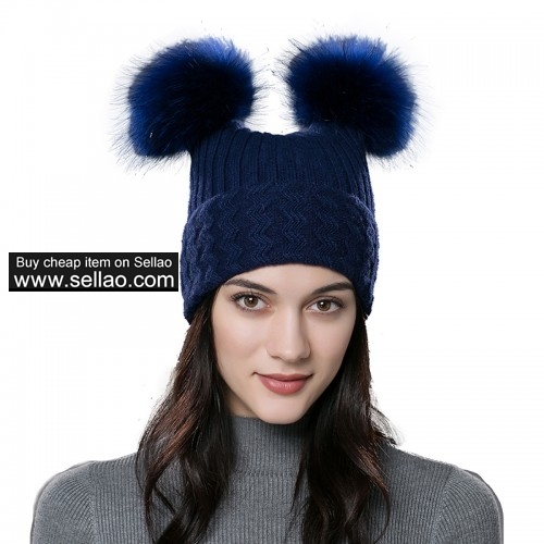 Unisex Autumn Knit Wool Beanie Hat Women Winter Hat Blue with Fox Fur Pompom