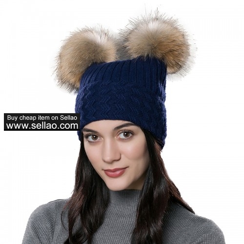 Unisex Autumn Knit Wool Beanie Hat Women Winter Hat Blue with Raccoon Pompom