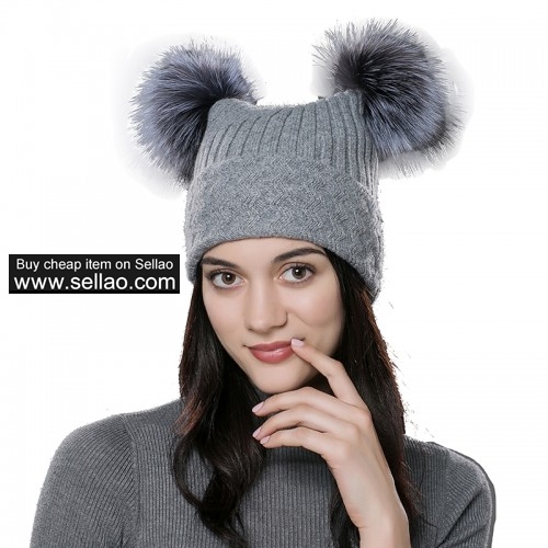Unisex Autumn Knit Wool Beanie Hat Women Winter Hat Light Gray with Fox Fur Pompom