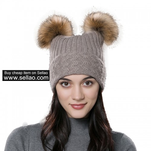 Unisex Autumn Knit Wool Beanie Hat Women Winter Hat Brown with Raccoon Pompom