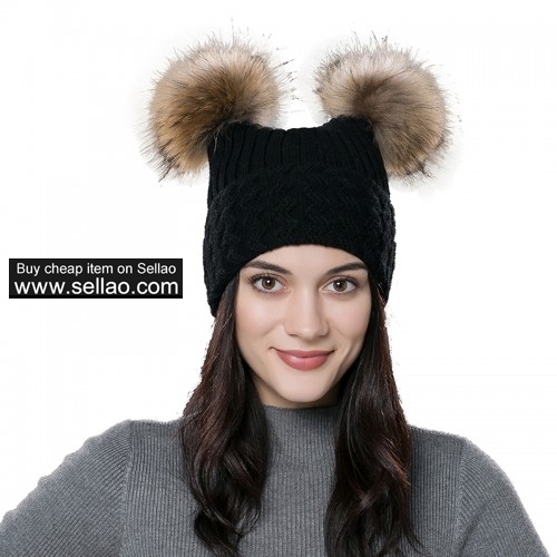 Unisex Autumn Knit Wool Beanie Hat Women Winter Hat Black with Raccoon Pompom
