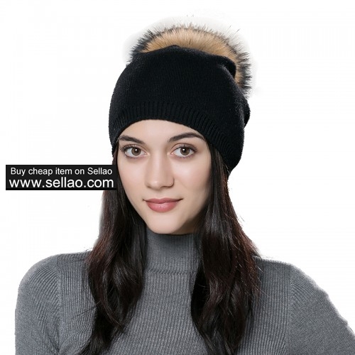 Autumn Unisex Wool Knit Beanie Cap Winter Hat Black with Raccoon Pompom